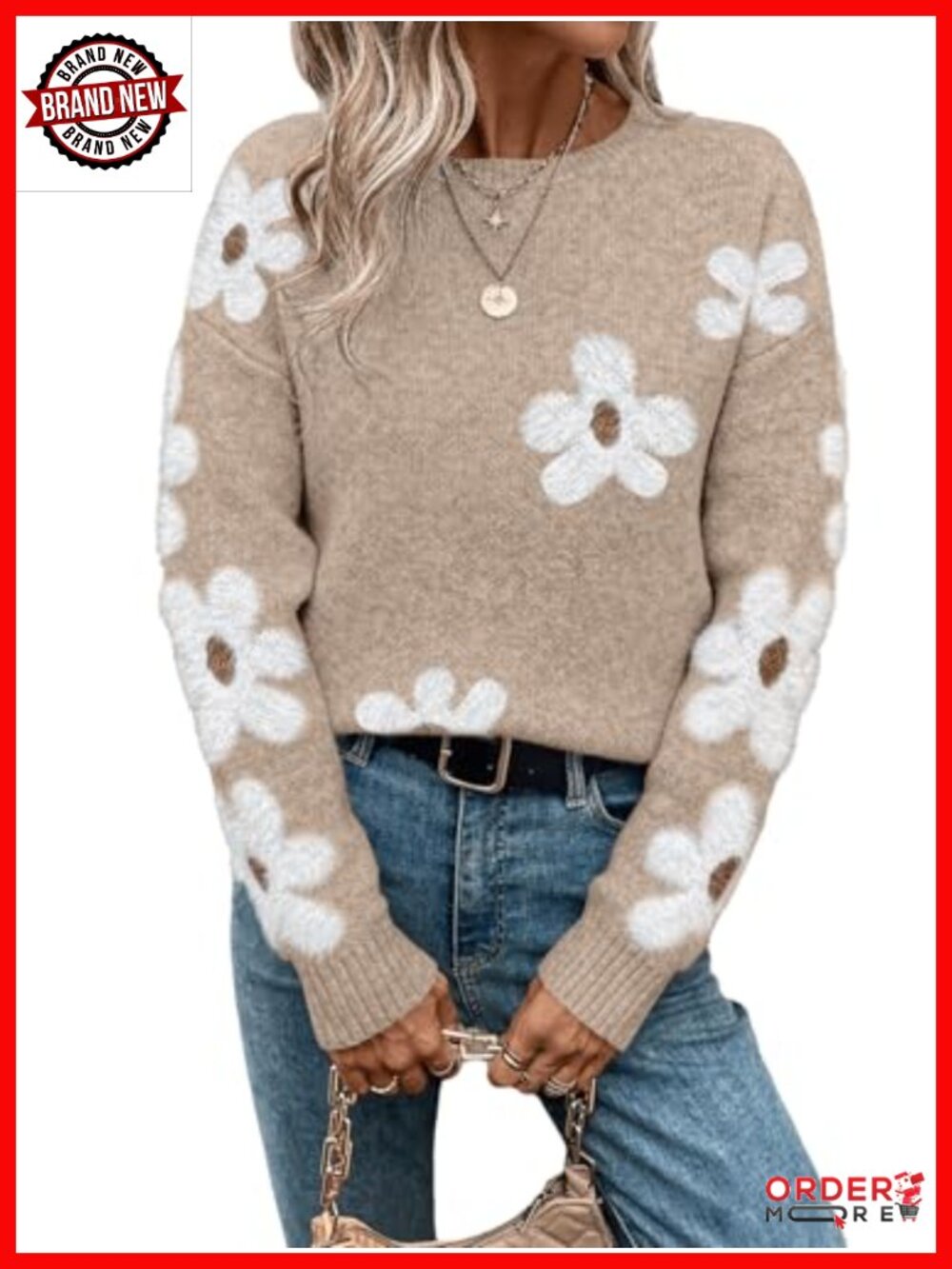 Floral Crewneck Long Sleeve Drop Shoulder Sweater Pullover